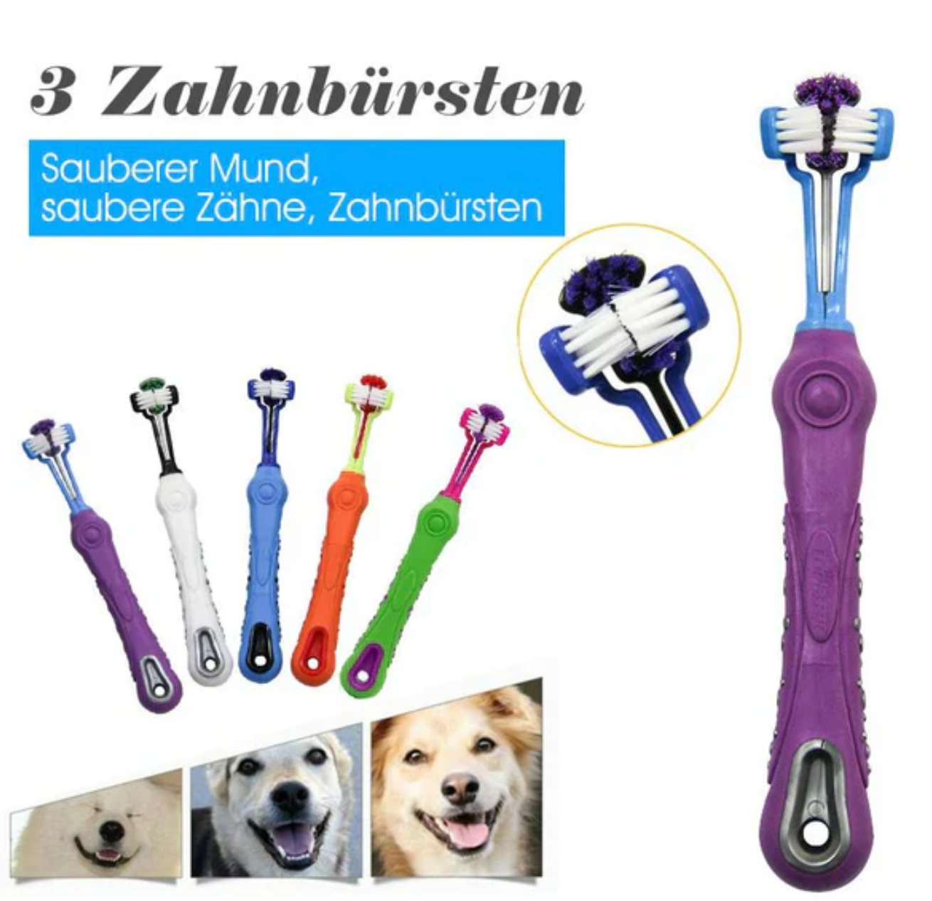 3-Kopf-Hundezahnbürste